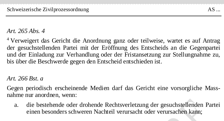 Art. 266 a ZPO, „Maßnahmen gegen Medien“, soll verschärft werden
