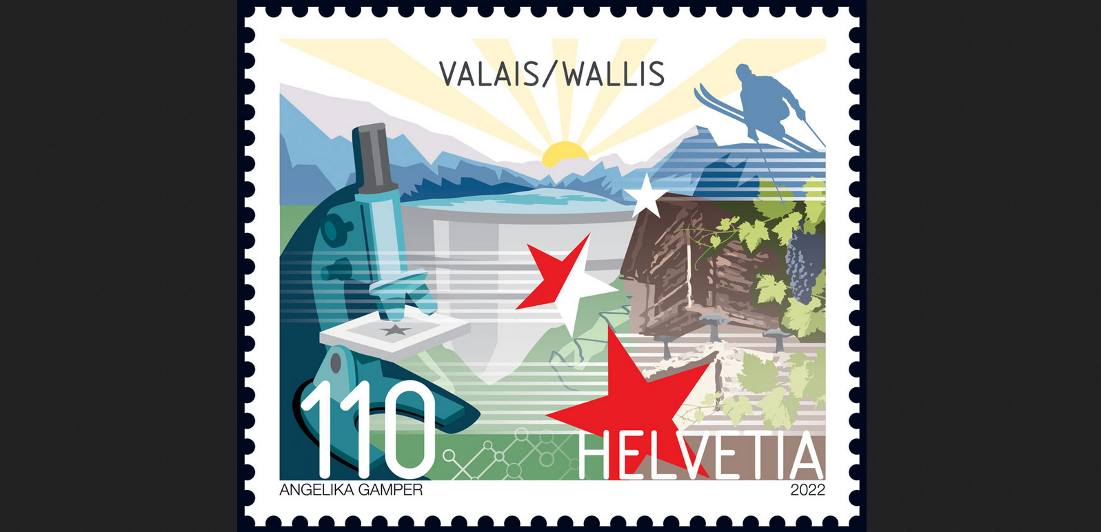 Walliser Briefmarke: Weinbau, Alphütten und Schneesport