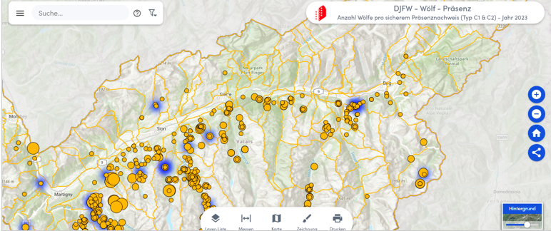 Korrekte Führung der interaktiven Wolfsmonitoring-Karten des Kantons Wallis