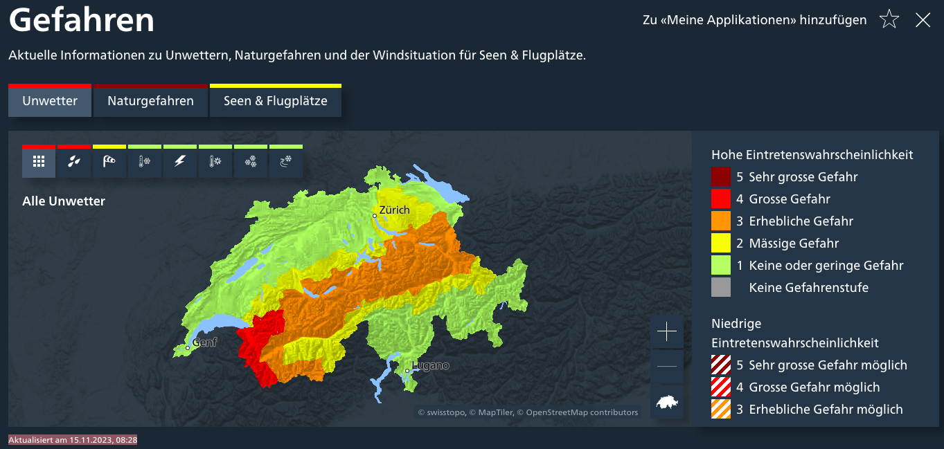 Meteo Schweiz vom Bundesamt für Bevölkerungsschutz sieht es völlig anders als das ebenfalls staatliche SRF (Bild: Meteo Schweiz)