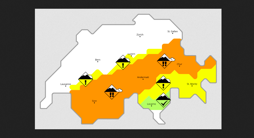 Oberwallis mit Lawinengefahren, Gefahr von Überschwemmungen und Erdrutschen besonders im Unterwallis