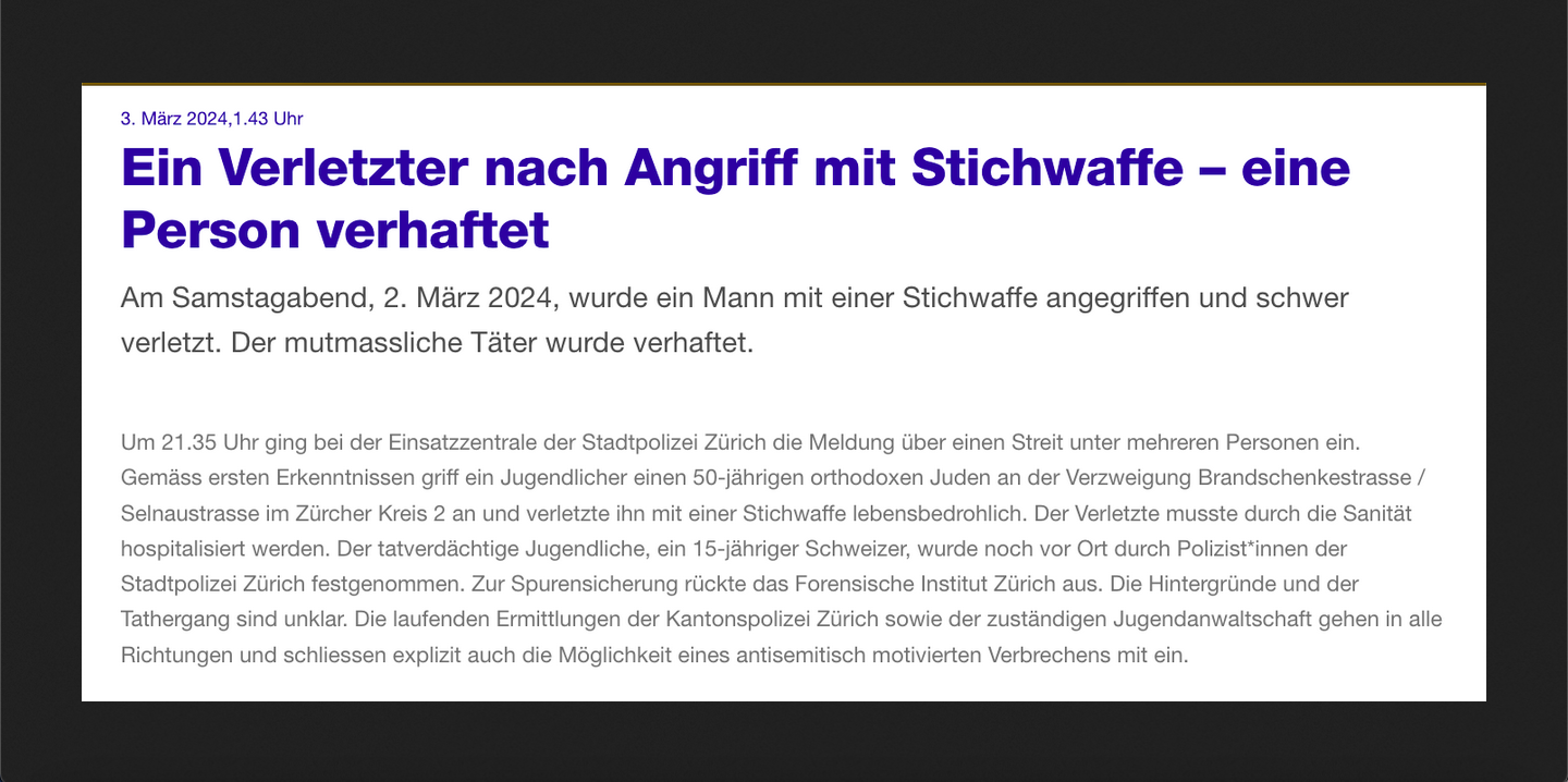 Antisemitisches Hassverbrechen in Zürich: Zwischen jüdische und nicht-jüdische Schweizer passt kein Blatt Papier!