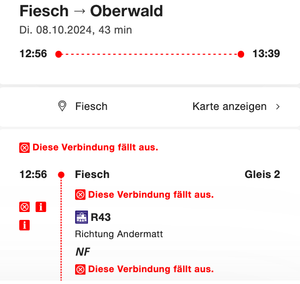 Von frühmorgends an war die Strecke unterbrochen. Am frühen Nachmittag fuhren wieder erste Züge. (SBB.ch)