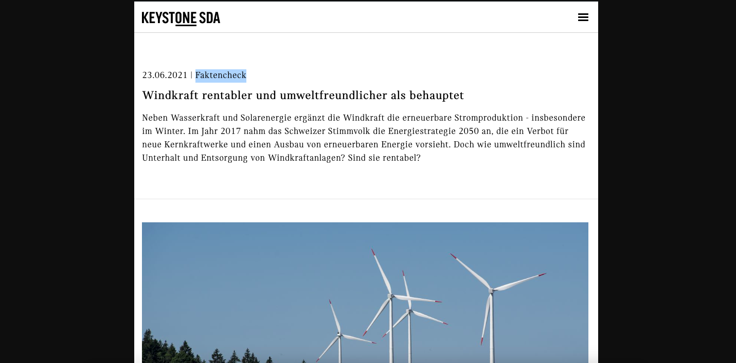 Falsche Keystone-SDA-Meldung zu WindkraftKritik an SDA-"fake news": Die Kirche (oder die Windkraftanlage) im Dorf lassen