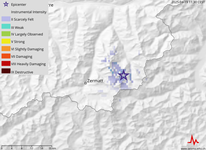 Ereignismeldung des Schweizerischen ErdbebendienstesErdbeben zwischen Saastal und Mattertal, Epizentrum 7 Km südlich Saas-Fee