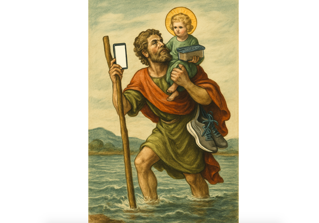 Die Alltagslast – der moderne Pilger mit TupperwareChristophorus würde Christus heute zwar noch tragen, aber nicht ohne sein Handy