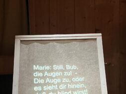 Textprojektion im Wohnzimmer- die improvisierte Leinwand führt als Leitfaden durch Büchners Fragment. 1