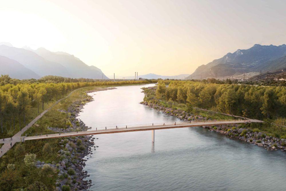 Kanton Wallis fördert Langsamverkehr: Zu Fuß, mit dem Velo, mit Rollschuhen oder auf dem Pferd3 neue Brücken über die Rhone als Verbindungen zwischen dem Waadt und dem Walliser Chablais