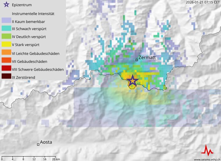 Erdbeben 9 Km südlich von Zermatt direkt am MatterhornErdbeben dürfte "weiträumig verspürt" worden sein