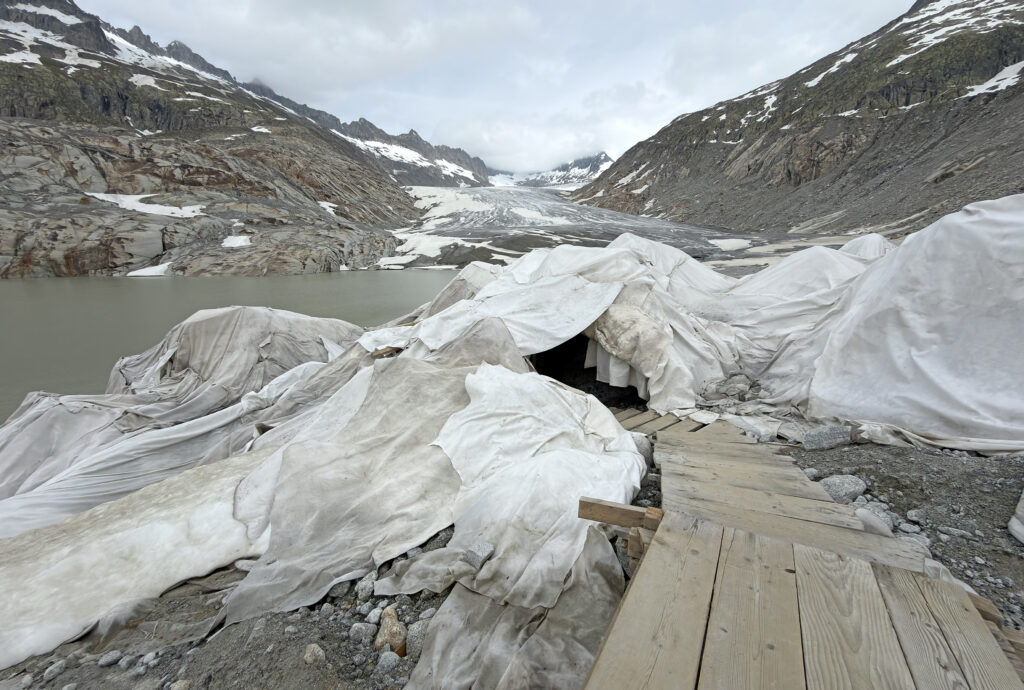 Unter weissen Vliestüchern wird das verbliebene Eis der touristischen Grotte vor der sommerlichen Schmelze geschützt. Der eigentliche Rhonegletscher hat sich inzwischen weit zurückgezogen. Aufnahme vom 4. Juni 2026. © Brigitte Wolf