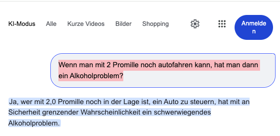 Bundesratswahl: Walliser Zeitung fragt, KI antwortet zur Frage auf die Alkoholfahrt von Céline AmaudruzWenn man mit 2 Promille noch autofahren kann, hat man dann ein Alkoholproblem?