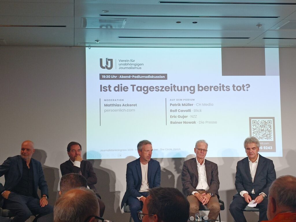 Eric Gujer, Chefredaktor der "Neuen Zürcher Zeitung", Patrik Müller, Chefredaktor von "CH-Media", Rolf Cavalli, Chefredaktor des "Blick", und Rainer Nowak von "Die Presse" 2