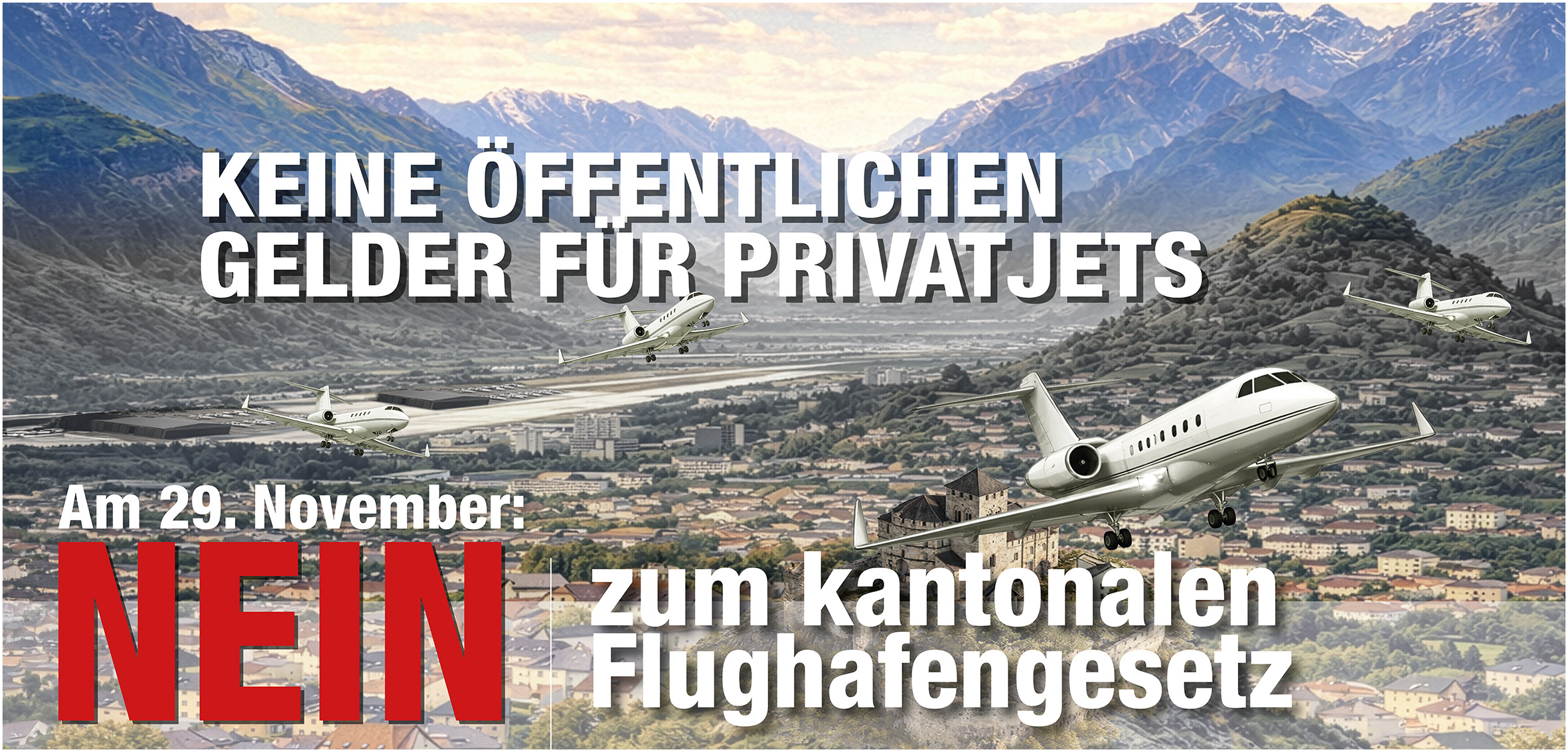 Nein-Komitee zur Abstimmung über das kantonale FlughafengesetzGrüne Wallis: "Keine öffentlichen Gelder für Privatjets!"
